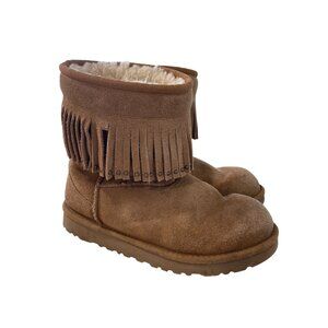 UGG Australia Boots Size 3 Pull On Suede Fringe Shearling Lined Mid Calf 1006430